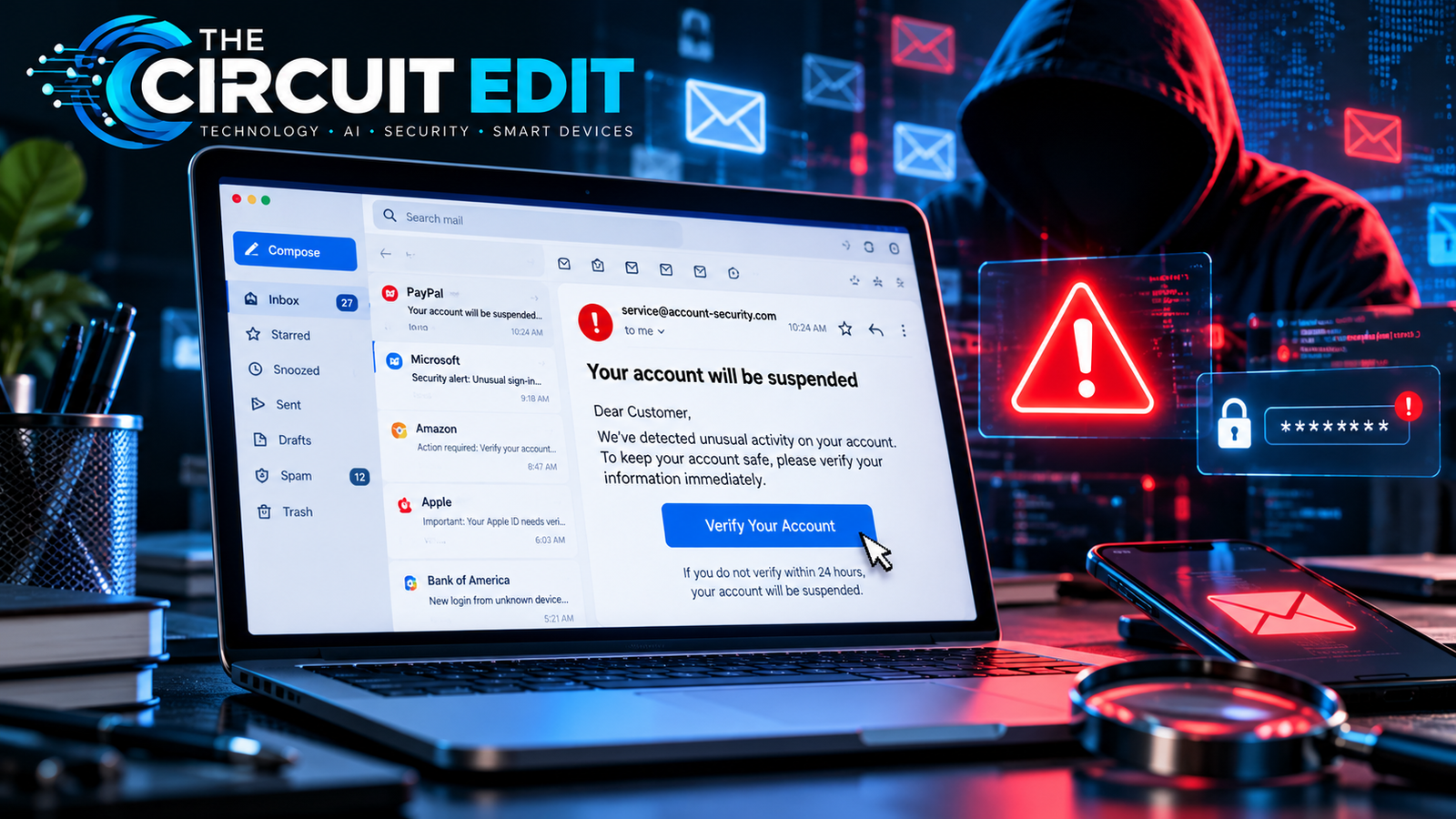 Phishing email examples showing a fake security alert and online scam warning