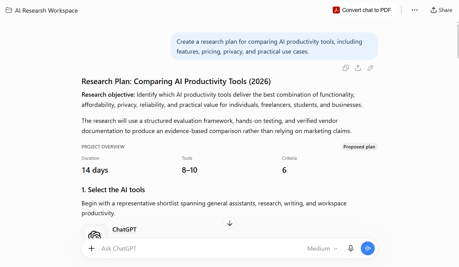 ChatGPT Projects research workspace showing an AI-generated productivity tools research plan