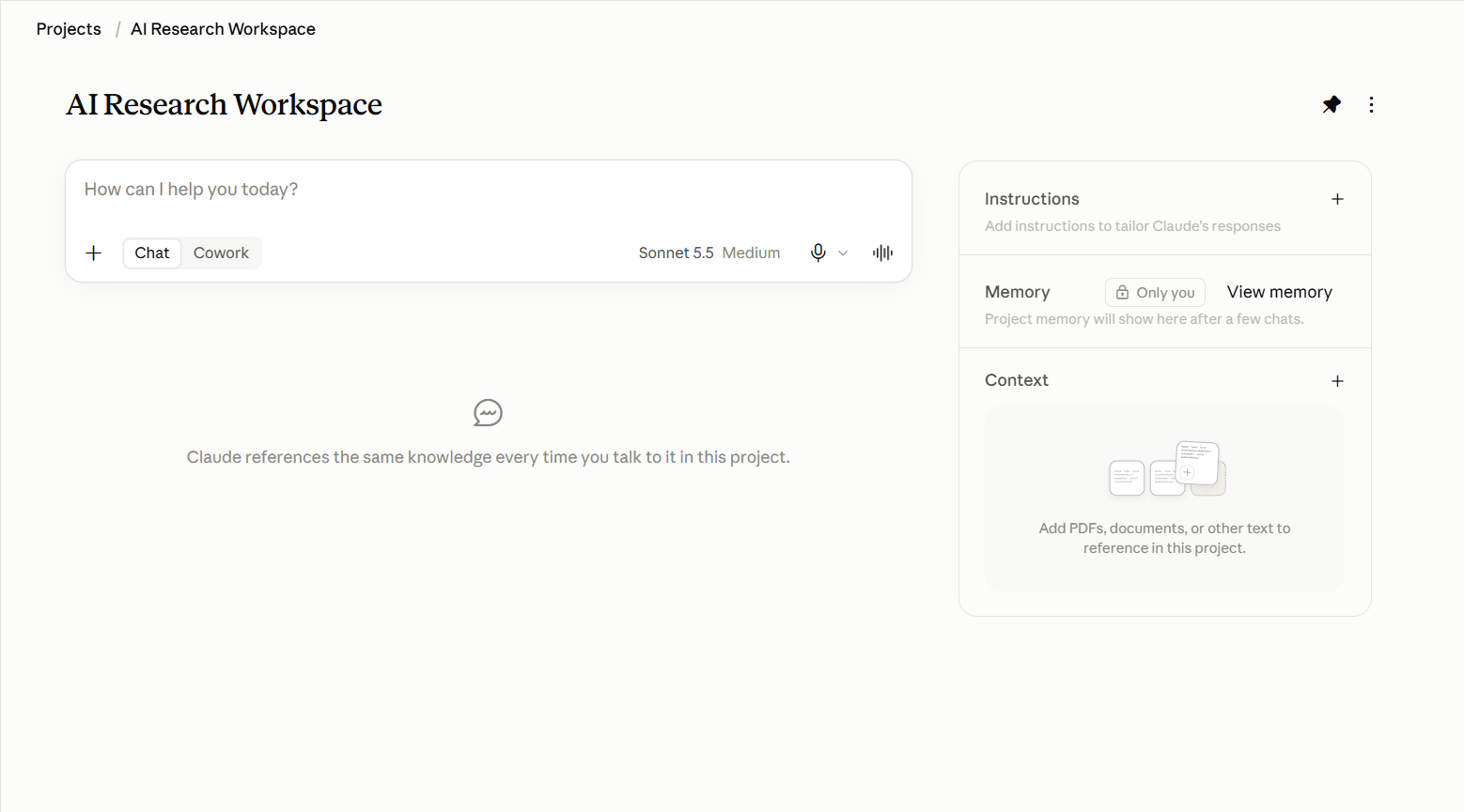 Claude Projects interface showing project instructions, memory, and context features
