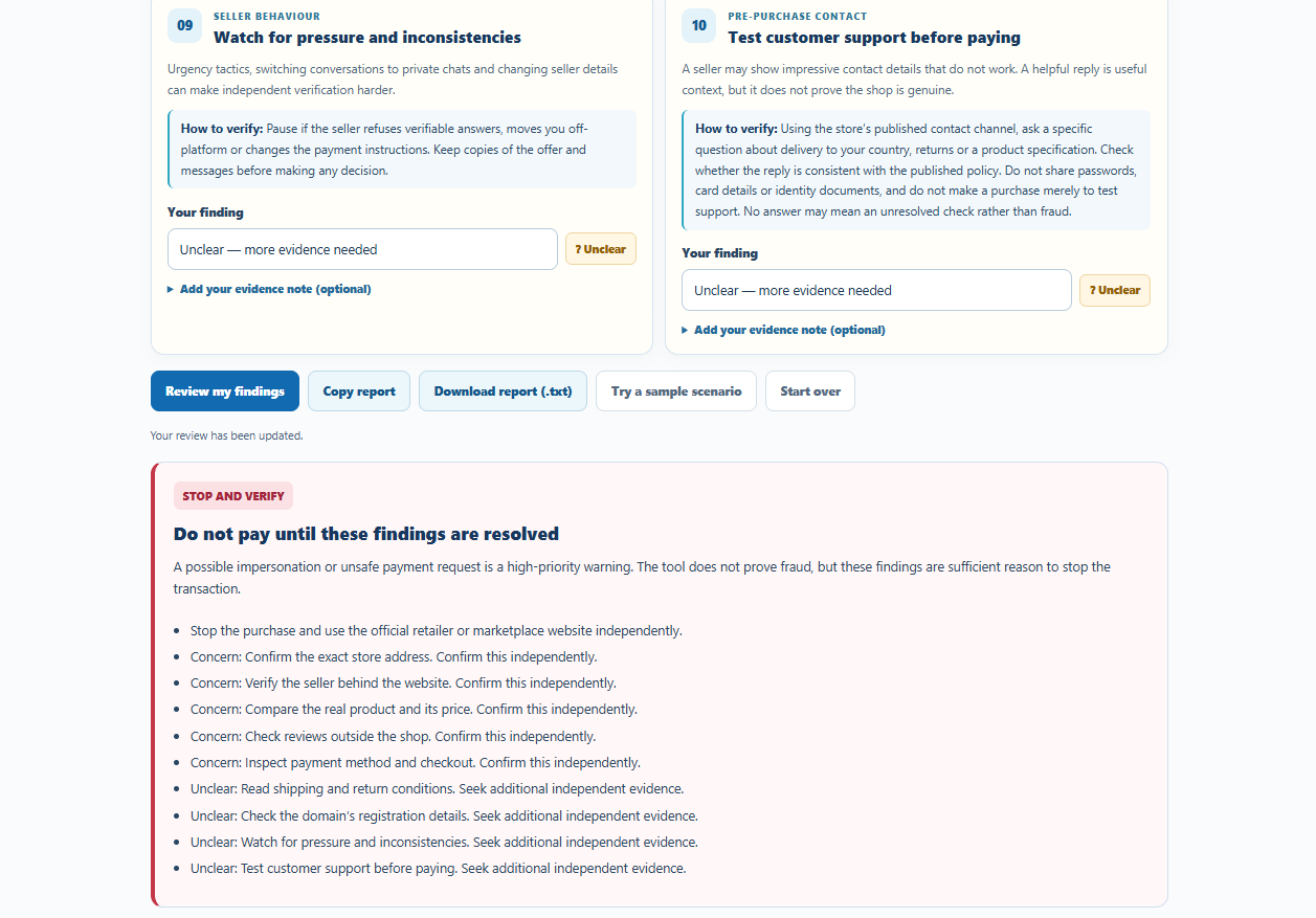 StoreCheck sample audit showing a stop-and-verify warning, unresolved checks, and online shopping safety recommendations