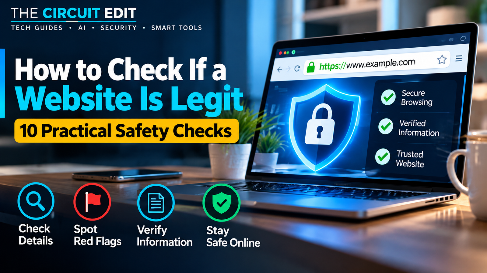How to check if a website is legit: illustration of website security checks and warning signs