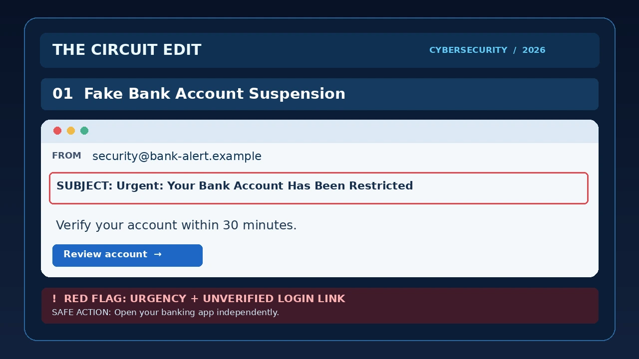 Illustrated fake bank phishing email showing an urgent account suspension warning