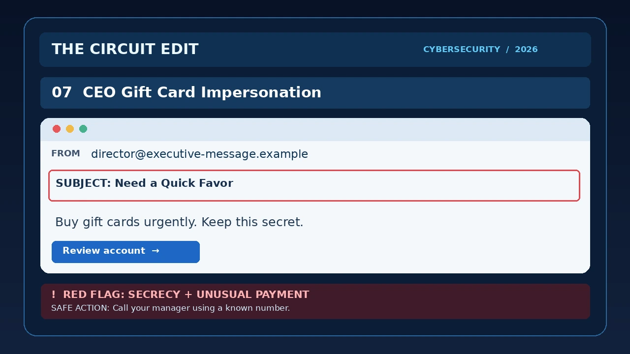 Simulated business email compromise message requesting urgent secret gift card purchases