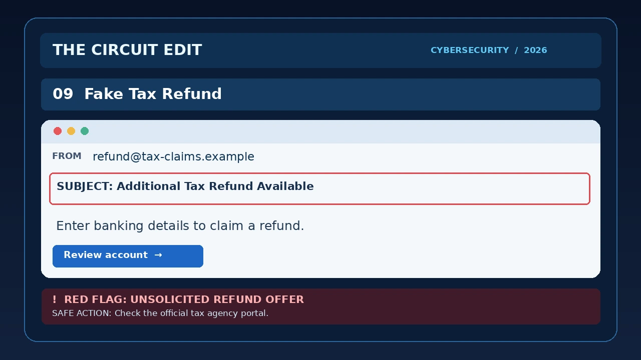 Simulated tax refund phishing email requesting banking information