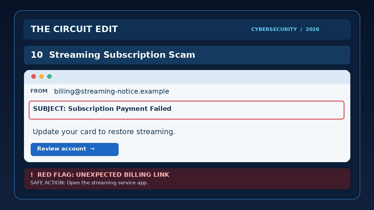 Simulated subscription renewal phishing email requesting updated payment information