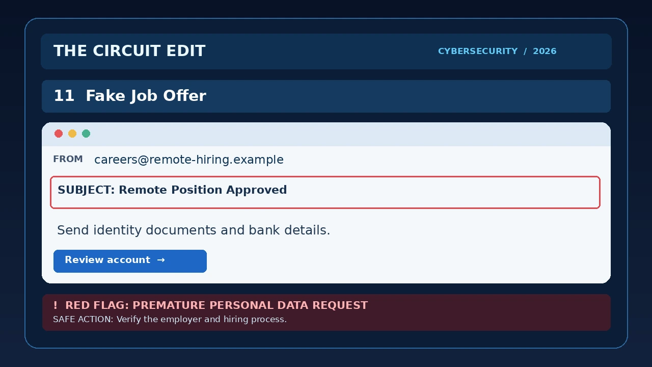 Simulated remote job offer phishing email that asks for identity documents and banking details