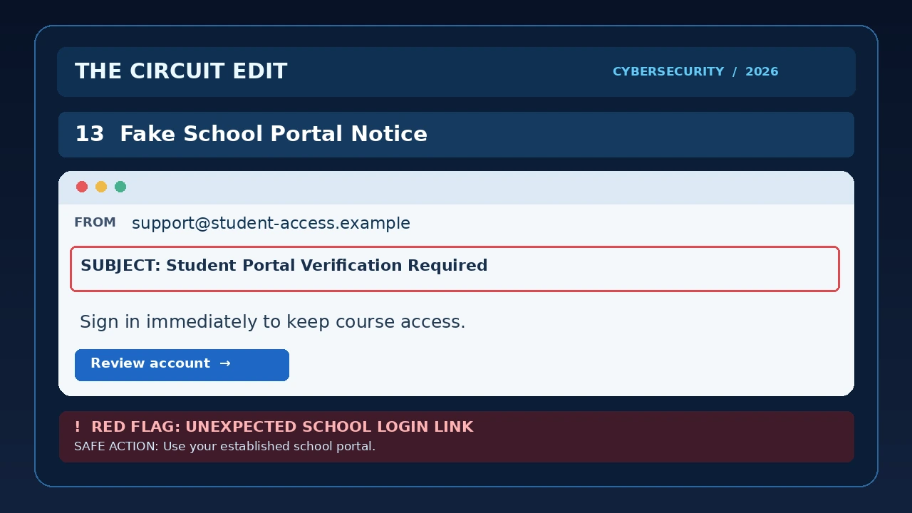 Simulated school portal phishing email asking a student to sign in immediately to retain access