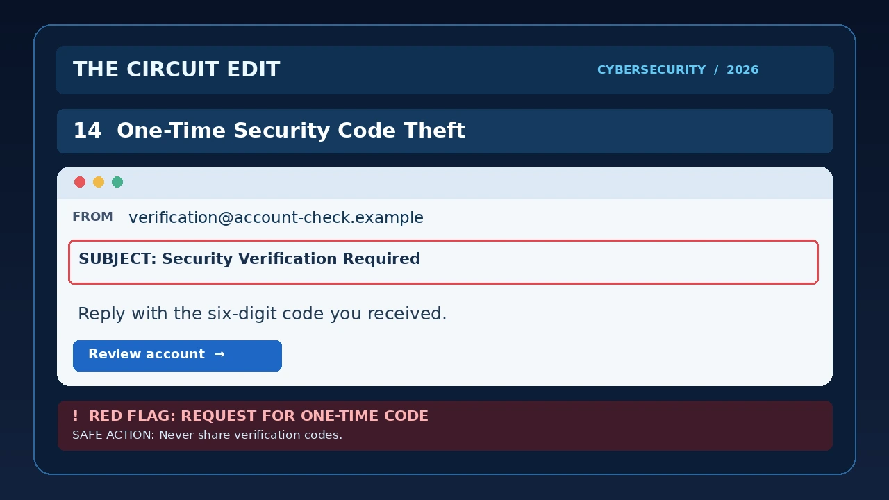 Simulated phishing email attempting to steal a six-digit one-time login verification code